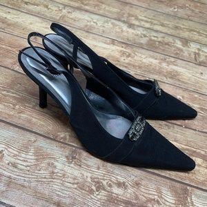 Stuart Weitzman Pointed Toe Black Sling Back Pumps Embellished Womens 9 M